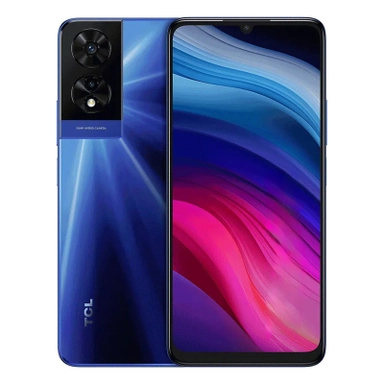 Blue TCL smartphone with dual rear cameras and waterdrop notch front display