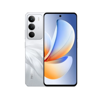 Silver Realme smartphone with triple rear cameras and centered punch-hole display