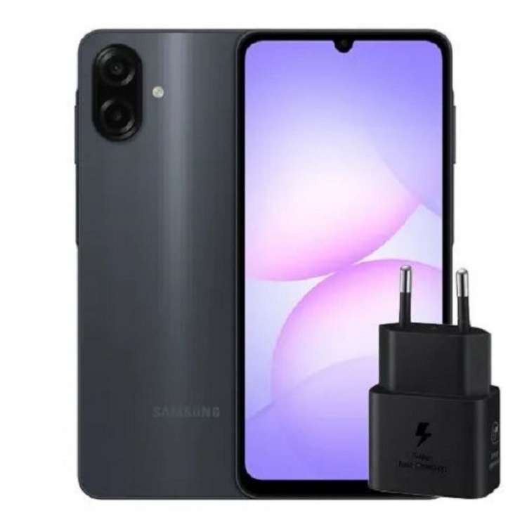 Black Samsung smartphone with dual rear cameras and fast charging wall adapter