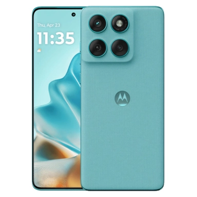 Turquoise Motorola smartphone with quad rear cameras and full screen front display