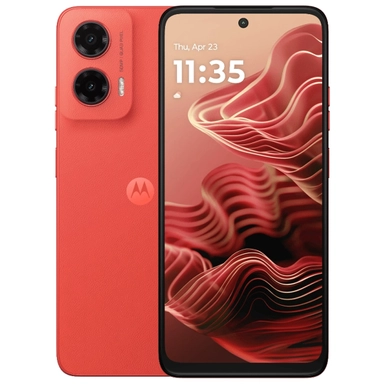 Red Motorola smartphone with dual rear cameras and full screen front display