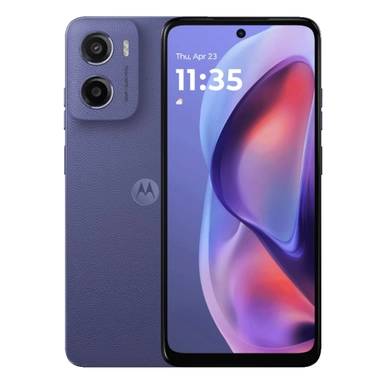 Blue Motorola smartphone with dual rear cameras and centered punch-hole display