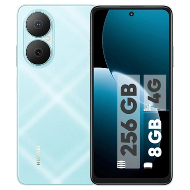 Light blue Huawei smartphone with dual rear cameras, 256GB storage, and 8GB RAM