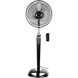 Black pedestal fan with remote control and round base