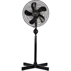 Black pedestal fan with five blades and cross base