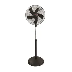 Black pedestal fan with round base and five blades