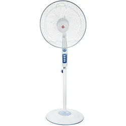 White pedestal fan with blue front control panel