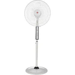 White pedestal fan with round base and front control panel