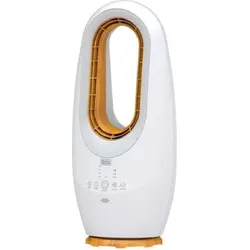 White bladeless tower fan with gold oval air outlet