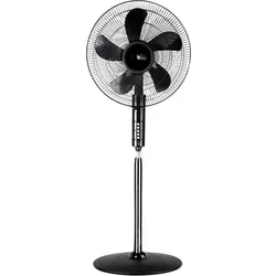 Black pedestal fan with five blades and round base