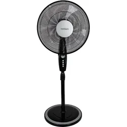 Black pedestal fan with round base and front control panel
