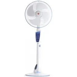 White pedestal fan with blue front control panel