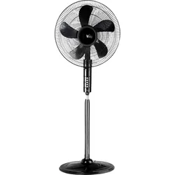 Black pedestal fan with five blades and round base