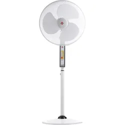 White pedestal fan with round base and front control panel
