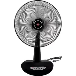 Black table fan with front grille and control buttons