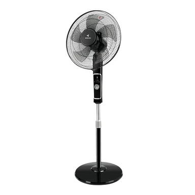 Black pedestal fan with adjustable height and circular base, front grille and control panel