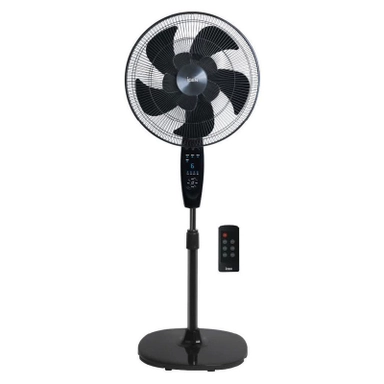 Black pedestal fan with digital display and remote control on white background