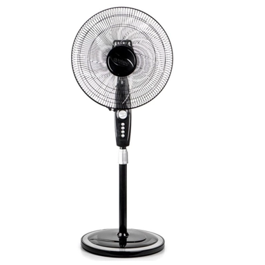 Black pedestal fan with round base, front grille, and push-button control panel