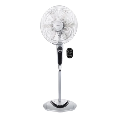 White pedestal fan with remote control, circular grille, and sleek modern base