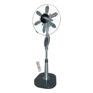Grey pedestal fan with remote control, circular grille, and adjustable height stand