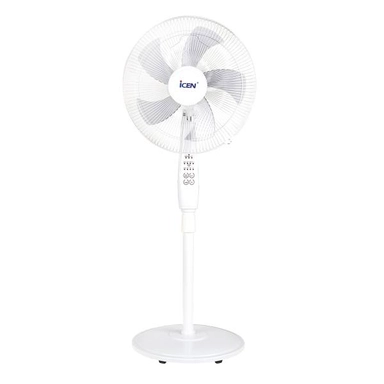 White pedestal fan with circular grille and push-button control panel on stand