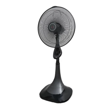 Black pedestal fan with wide base, circular grille, and tilt-adjustable head