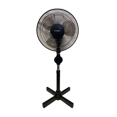 Black pedestal fan with cross base, circular grille, and adjustable height stand