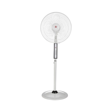 White pedestal fan with slim stand, circular grille, and vertical control panel