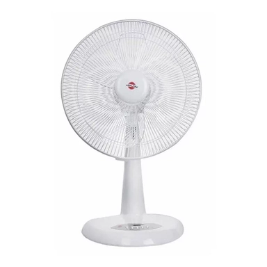 White table fan with circular grille and compact base, front control panel