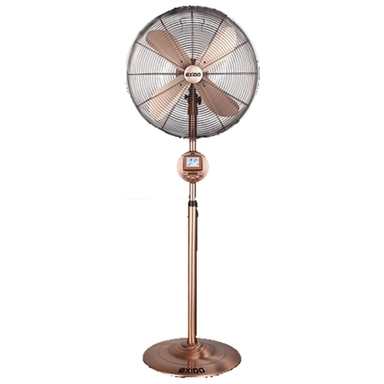 Bronze pedestal fan with metal blades, circular grille, and digital control panel