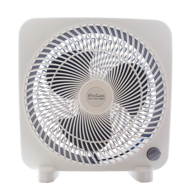 Compact white square desk fan with front grille and control knob on lower right corner