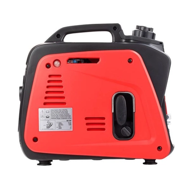Portable inverter generator with red panel, black casing, and top handle for easy carrying