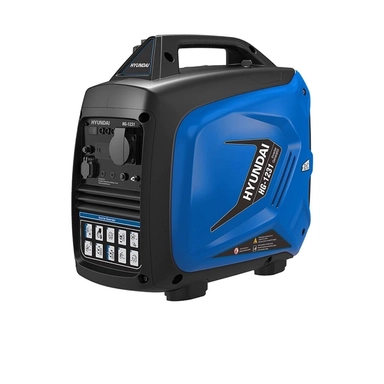 Hyundai portable inverter generator with blue casing, control panel, and built-in handle