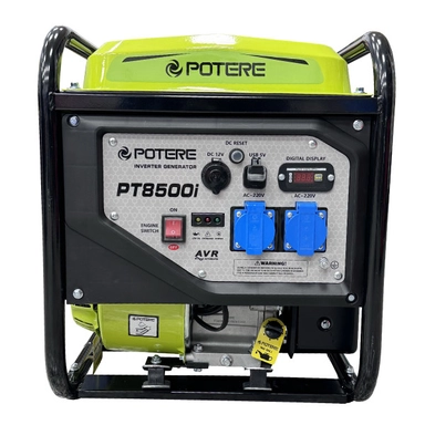 Potere PT8500i inverter generator with metal frame, control panel, and dual AC outlets