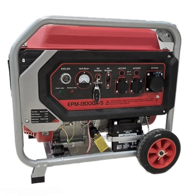Portable gasoline generator EPM-13000A-5 with wheels, metal frame, and multi-outlet control panel