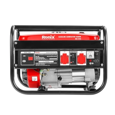 Ronix 2500W gasoline generator with metal frame, control panel, and dual power outlets