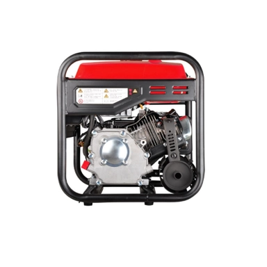 Open-frame gasoline generator showing engine components, metal frame, and compact portable design