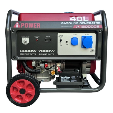 A-iPower gasoline generator with wheels, metal frame, and dual AC outlets, 7000W running power