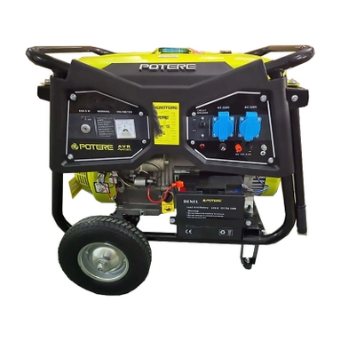 Potere gasoline generator with wheels, metal frame, control panel, and dual AC outlets