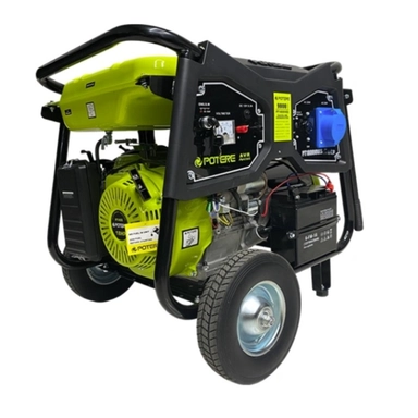 Potere gasoline generator with wheels, metal frame, control panel, and portable design