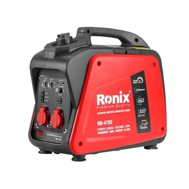 Portable Ronix inverter generator with red casing, control panel, and top handle