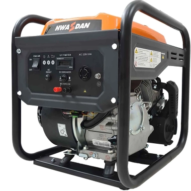 Hwasdan gasoline generator with open frame, control panel, and durable metal cage design
