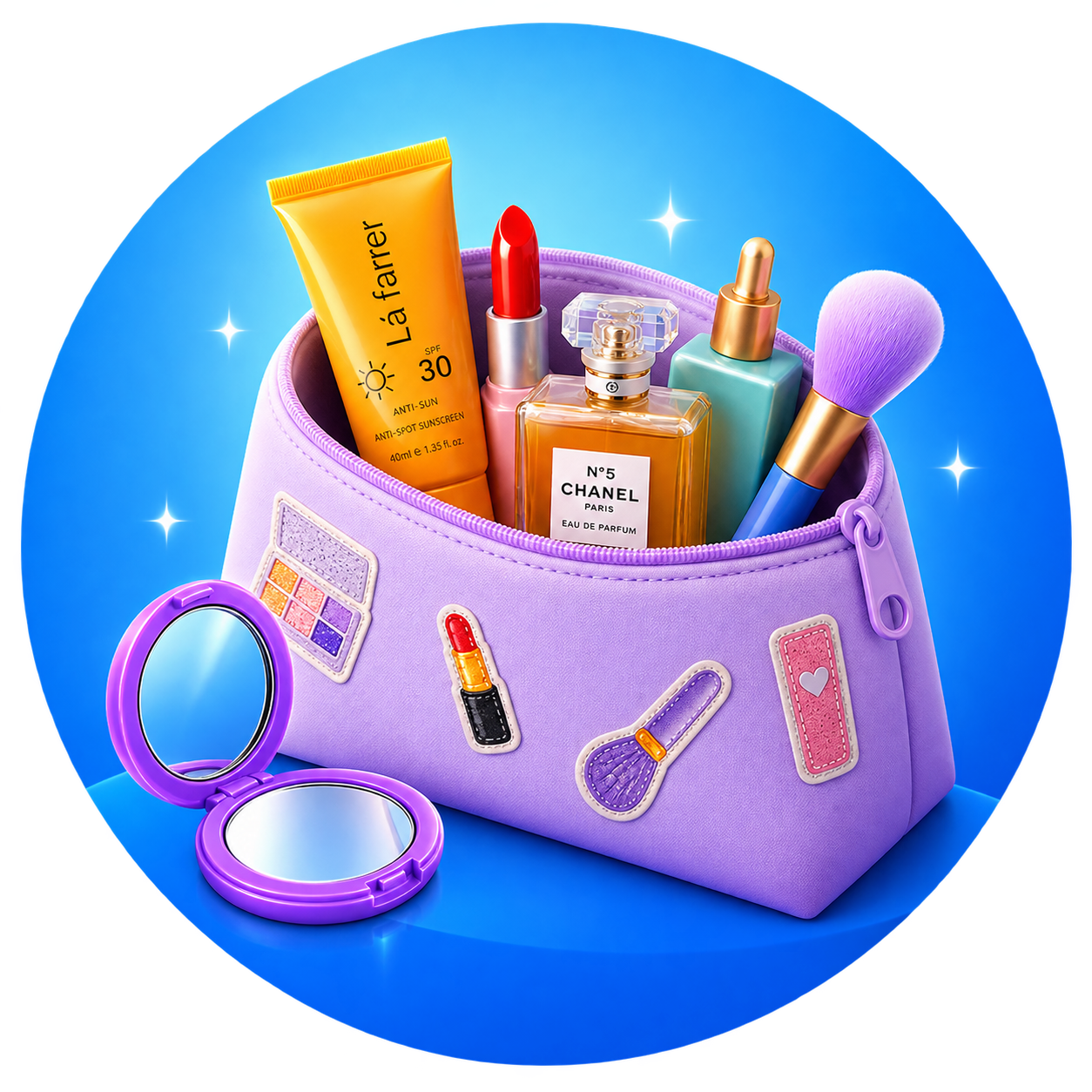 Purple makeup bag with lipstick, perfume, brush, and mirror on a blue circle.