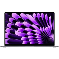 MacBook laptop with purple abstract fan wallpaper on screen