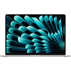 Apple MacBook with teal abstract layered wave wallpaper