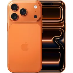 Orange iPhone with triple rear camera and Apple logo shown from front and back