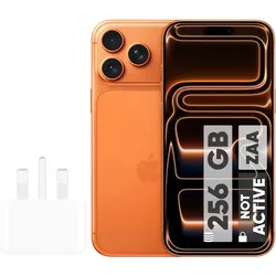 Orange iPhone with triple rear camera, charger accessories, and front display showing 256GB not active label