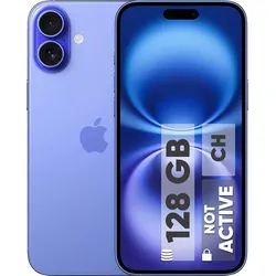 Purple iPhone with dual rear camera and front display showing 128GB not active label