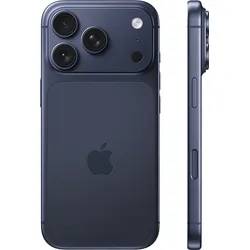 Dark blue iPhone showing rear triple camera and side profile view