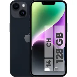 Black iPhone 14 with dual rear camera and front display showing 128GB label